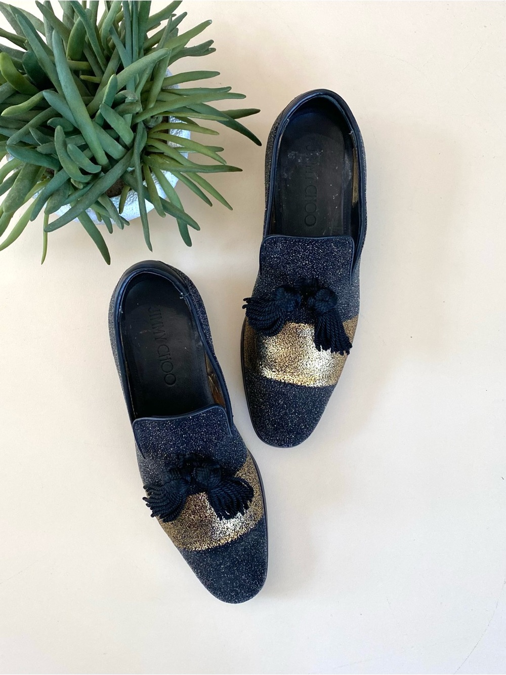 JIMMY CHOO - Foxley Black & Gold Tassel Loafers + Box & Dust Bags